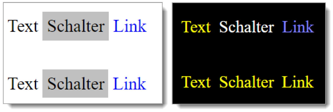Text, Schalter und Link in der Standarddarstellung (links) und bei Verwendung der Windows-Kontrastanpassung (rechts).