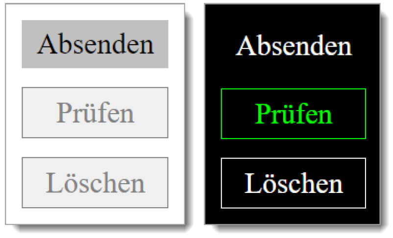 Ein bedienbarer und zwei deaktivierte Schalter in der Standarddarstellung (links) und bei Verwendung der Windows-Kontrastanpassung (rechts).