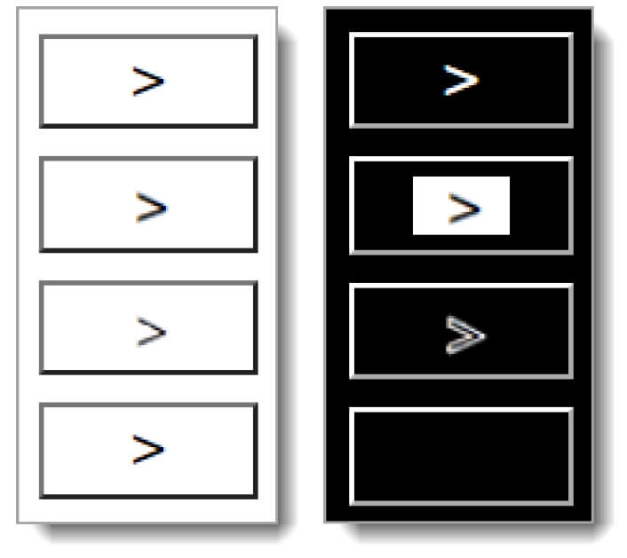 Vier Icon-Schalter in der Standarddarstellung (links) und bei Verwendung der Windows-Kontrastanpassung (rechts).