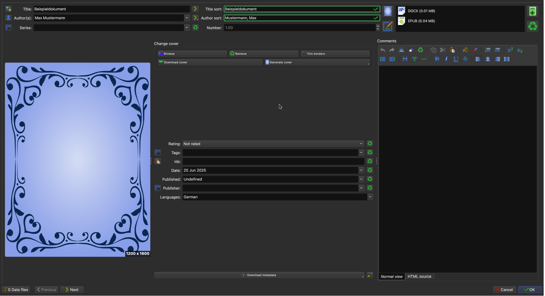 Metadaten Eingabemaske