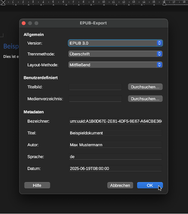 Exportdialog zum EPUB-Export in Libreoffice
