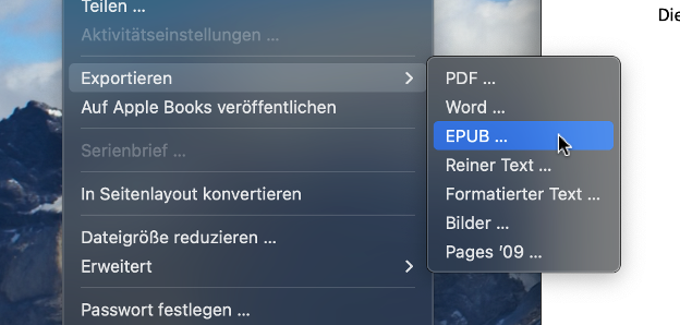 Pages-Menüpunkt Epxortieren in EPUB