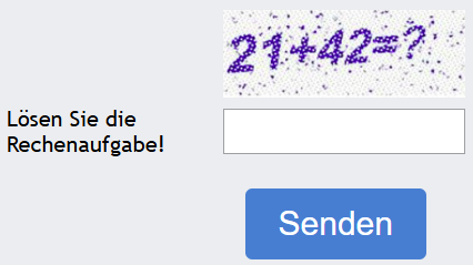 Mathematisches CAPTCHA mit der Aufgabe: "Lösen Sie die Rechenaufgabe!" Gezeigt wird ein Bild, auf dem "21 + 42 = ?" zu lesen ist.