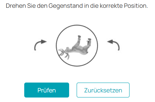 Logikrätsel als CAPTCHA mit der Aufgabe: "Drehen Sie den Gegenstand in die korrekte Position". Gezeigt wird ein Tier, das auf dem Kopf steht und mit Pfeilen rotiert werden kann.