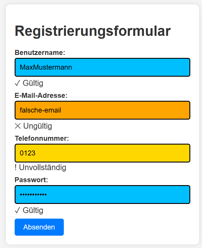 Formular mit farblicher Unterscheidung und Symbolik