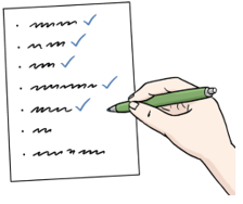 Ein Blatt Papier mit einer Checkliste und einer Hand mit Stift.