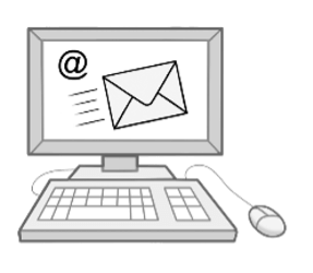 Ein Computer mit Tastatur und Maus. Auf dem Bildschirm ist ein email-Zeichen und ein Brief.