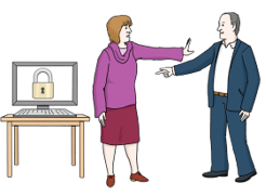 Eine Frau hindert einen Mann an der Bedienung eines Computers.