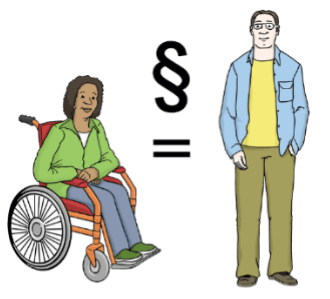 Eine farbige Frau sitzt im Rollstuhl. Ein Mann steht rechts neben ihr. Zwischen der Frau und dem Mann ist ein Ist-Gleich-Zeichen. Darüber schwebt ein Zeichen für ein Gesetz.