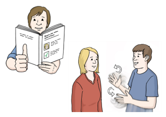 Eine Person hat ein Buch in der Hand. Zwei Person verständigen sich mit Händen.
