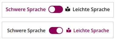 Screenshots eines Sprachumschalters. Zwischen den Texten "Schwere Sprache" und "Leichte Sprache" befindet sich ein Umschalter in Form eines Schiebereglers. Ein weißer Kreis im Schieberegler zeigt an, welche Sprachvariante aktiviert ist. Zusätzlich ist die aktivierte Sprachvariante farblich in dunkelrot hervorgehoben. Die nicht aktivierte Sprache ist in schwarzer Schrift. Der Screenshot zeigt jeweils sowohl die Aktivierung der Schweren Sprache als auch der Leichten Sprache.