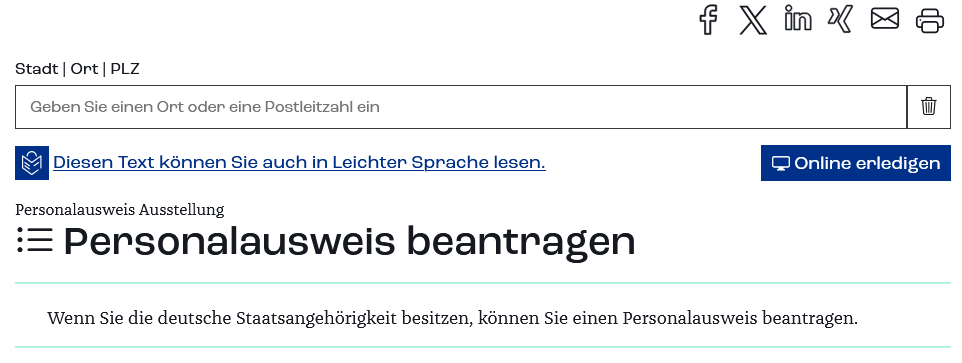 Screenshot Verwaltungsportal Hessen; Verwaltungsleistung Personalausweis beantragen mit verlinktem Texthinweis: Diesen Text können Sie auch in Leichter Sprache lesen.