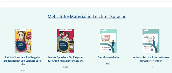 Beispiel: Ein Bereich mit der Überschrift Mehr Info-Material in Leichter Sprache. Darunter stehen 4 Hefte mit Bild und Titel.